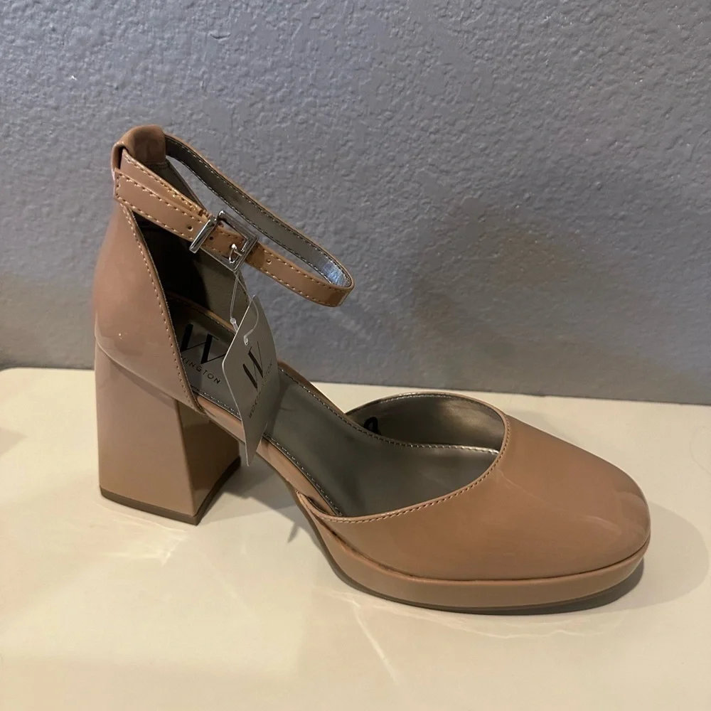 Worthington Nude Patent Platform Block Heel Pumps
